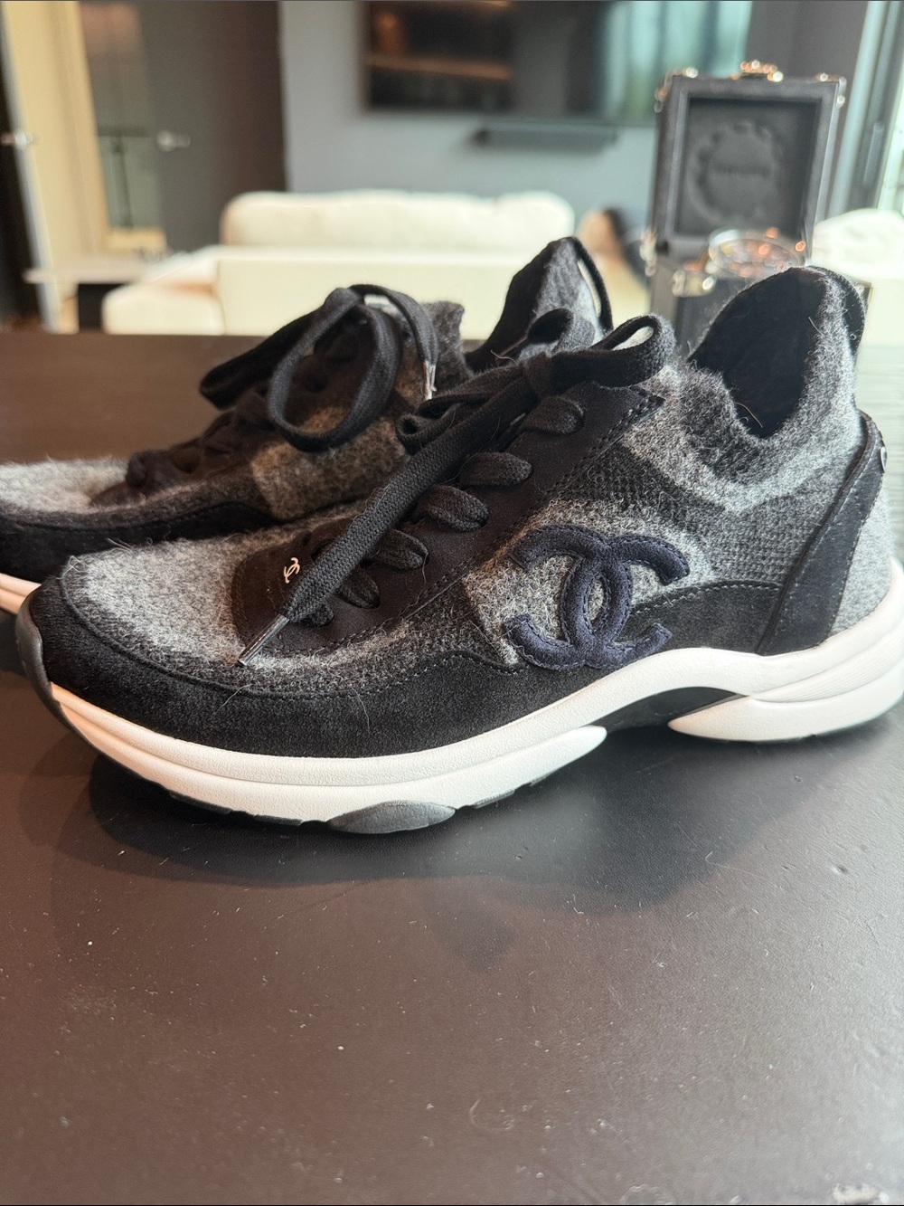 CHANEL Black & Gray Wool Suede Low-Top Sneakers